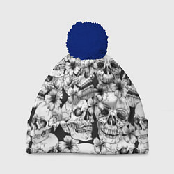 Шапка с помпоном Чёрно белые черепа и маки, цвет: 3D-тёмно-синий