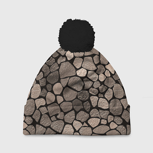 Шапка c помпоном Черно-коричневая текстура камня / 3D-Черный – фото 1