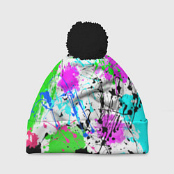 Шапка с помпоном Неоновые разноцветные пятна и брызги красок, цвет: 3D-черный