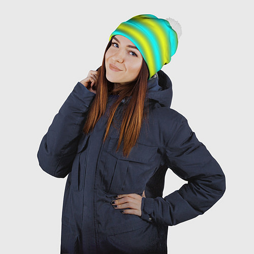 Шапка c помпоном Бирюзово-желтые неоновые полосы / 3D-Белый – фото 2