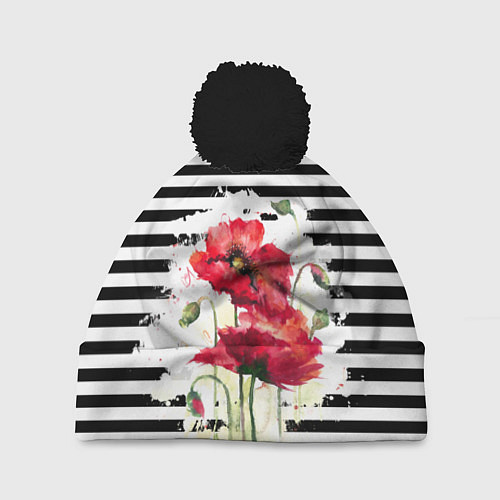 Шапка c помпоном Red poppies Акварельные цветы / 3D-Черный – фото 1