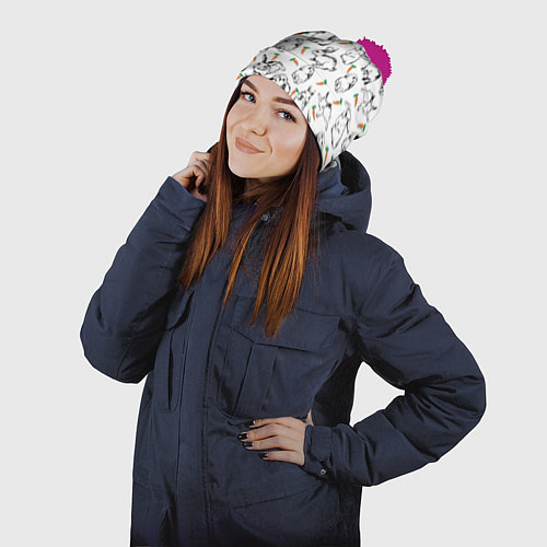 Шапка c помпоном Зайцы с морковками / 3D-Малиновый – фото 2