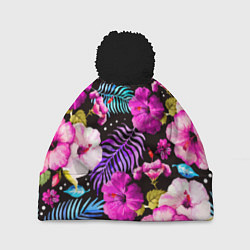 Шапка с помпоном Floral pattern Summer night Fashion trend, цвет: 3D-черный