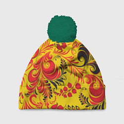 Шапка с помпоном Хохломская Роспись Цветы, цвет: 3D-зеленый