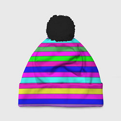 Шапка с помпоном Multicolored neon bright stripes, цвет: 3D-черный