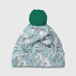 Шапка с помпоном Голубые листья пальмы на белом, цвет: 3D-зеленый
