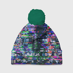 Шапка с помпоном Ночной город - glitch, цвет: 3D-зеленый