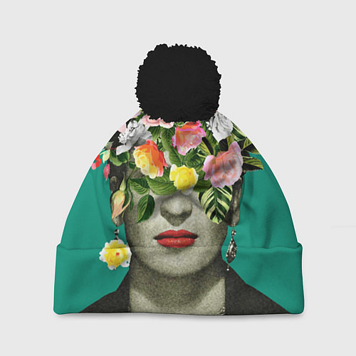 Шапка c помпоном Фрида Кало - Арт Портрет / 3D-Черный – фото 1
