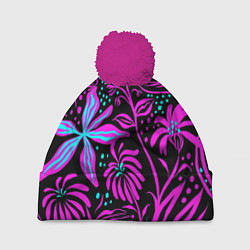 Шапка с помпоном Purple flowers pattern, цвет: 3D-малиновый