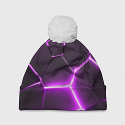 Шапка с помпоном Фиолетовые неоновые геометрические плиты, цвет: 3D-белый