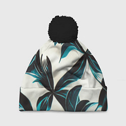 Шапка с помпоном Листья тропические тёмно-синие, цвет: 3D-черный