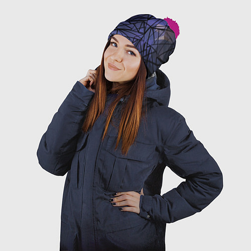 Шапка c помпоном Blue with black stripes pattern / 3D-Малиновый – фото 2