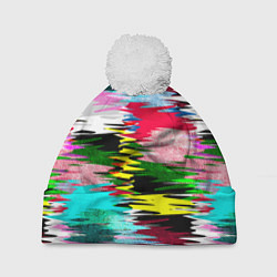 Шапка с помпоном Абстрактный многоцветный неоновый узор, цвет: 3D-белый