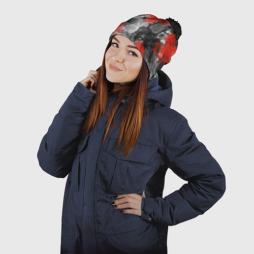 Шапка c помпоном Черно-красная абстрактная текстура акварели / 3D-Черный – фото 2