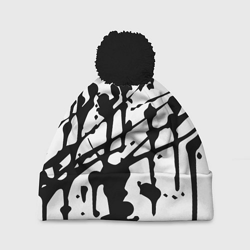 Шапка c помпоном Чёрные кляксы на белом фоне - минимализм / 3D-Черный – фото 1