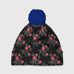 Шапка с помпоном Акварельные розы на черном, цвет: 3D-тёмно-синий