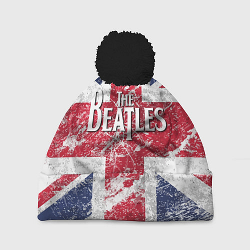 Шапка c помпоном The Beatles - лого на фоне флага Великобритании / 3D-Черный – фото 1