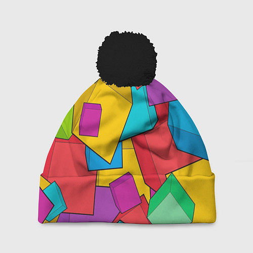 Шапка c помпоном Фон из разноцветных кубиков / 3D-Черный – фото 1