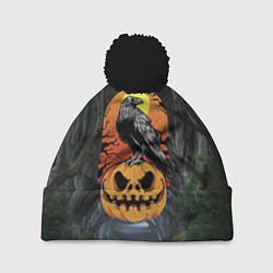 Шапка с помпоном Ворон, сидящий на тыкве - Halloween, цвет: 3D-черный