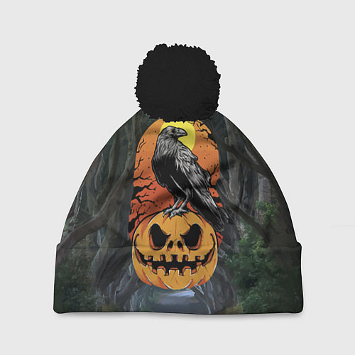 Шапка c помпоном Ворон, сидящий на тыкве - Halloween / 3D-Черный – фото 1