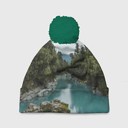 Шапка с помпоном Река, лес и скалы, цвет: 3D-зеленый