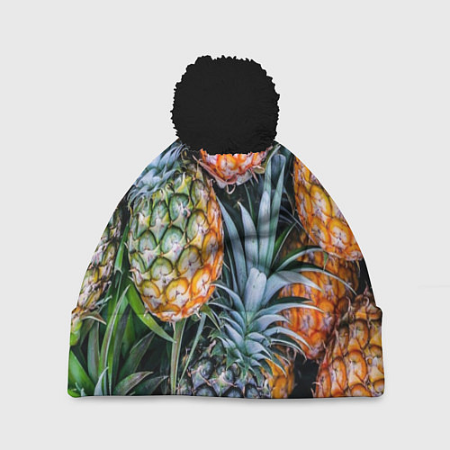 Шапка c помпоном Фон из ананасов / 3D-Черный – фото 1