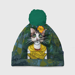 Шапка с помпоном Грустная кошка Фриды Кало из нейросети, цвет: 3D-зеленый