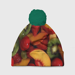 Шапка с помпоном Фруктово ягодный фон, цвет: 3D-зеленый