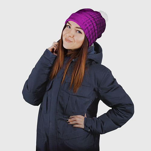 Шапка c помпоном Абстрактный мозаичный черно - пурпурный узор / 3D-Белый – фото 2