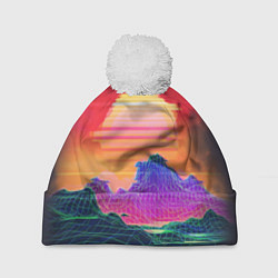 Шапка с помпоном Синтвейв неоновые горы на закате, цвет: 3D-белый
