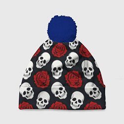 Шапка с помпоном Весёлые черепки и розы, цвет: 3D-тёмно-синий