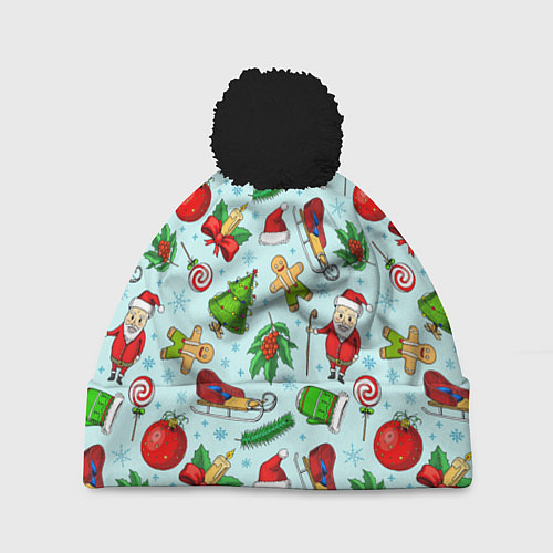 Шапка c помпоном Новогодний паттерн / 3D-Черный – фото 1