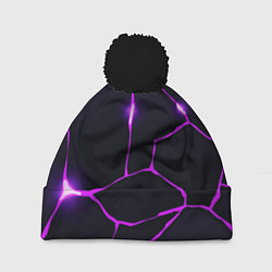 Шапка с помпоном Фиолетовые неоновые трещины, цвет: 3D-черный