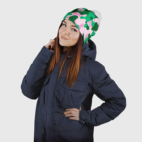 Шапка c помпоном Абстрактные зелёно-розовые пятна / 3D-Белый – фото 2