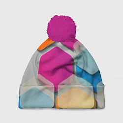 Шапка с помпоном Абстрактные разноцветные геометрические фигуры, цвет: 3D-малиновый