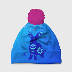 Шапка с помпоном Синий кролик и снежинки, цвет: 3D-малиновый