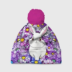 Шапка с помпоном Веселый кролик в цветах, цвет: 3D-малиновый