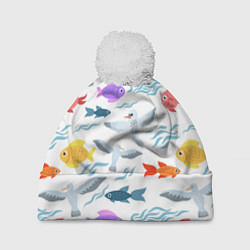 Шапка с помпоном Рыбки и чайки, цвет: 3D-белый