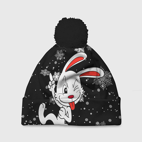 Шапка c помпоном Подмигивающий кролик в снежинках / 3D-Черный – фото 1