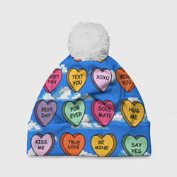 Шапка с помпоном Валентинки конфетки сердечки с посланиями, цвет: 3D-белый