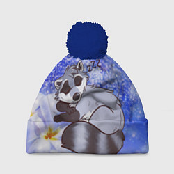 Шапка с помпоном Енот спит на снегу, цвет: 3D-тёмно-синий