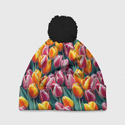 Шапка с помпоном Роскошные тюльпаны, цвет: 3D-черный
