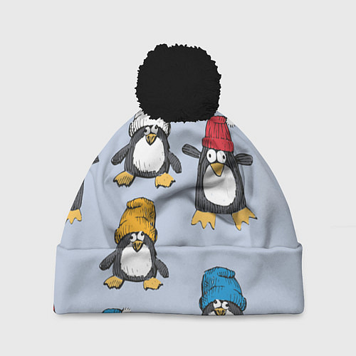 Шапка c помпоном Смешные пингвины / 3D-Черный – фото 1