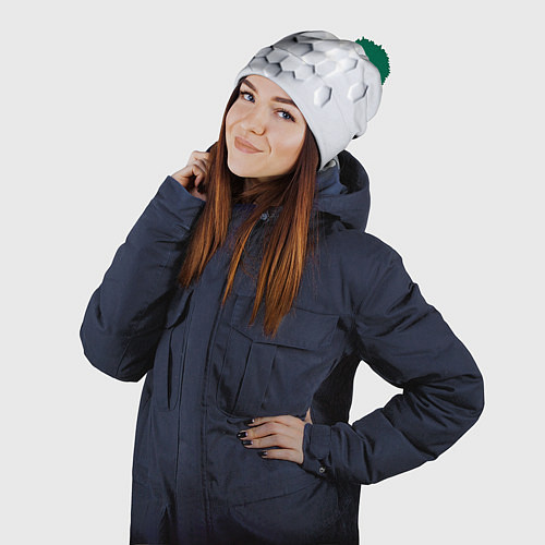 Шапка c помпоном Серый соты / 3D-Зеленый – фото 2