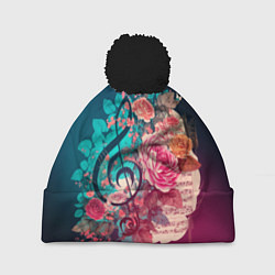 Шапка с помпоном Цветы и музыкальная нота, цвет: 3D-черный