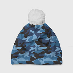 Шапка с помпоном Сине-черный камуфляж, цвет: 3D-белый
