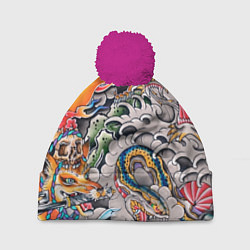 Шапка с помпоном Иредзуми: дракон и лис, цвет: 3D-малиновый