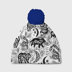 Шапка с помпоном Веточки и лесные звери - паттерн, цвет: 3D-тёмно-синий