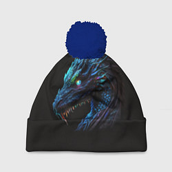 Шапка с помпоном Красивый неоновый дракон с голубыми глазами, цвет: 3D-тёмно-синий
