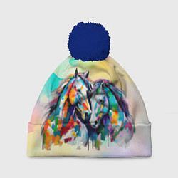 Шапка с помпоном Две разноцветные лошади, цвет: 3D-тёмно-синий